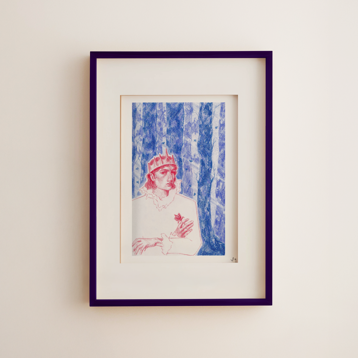 A framed art print featuring a minimalist sketch of a person in a forest, with a white mat and a dark purple frame, mounted on a light beige wall.