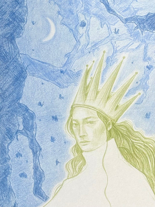 A stylized illustration of a crowned figure in pale yellow-green tones against a blue background with tree branches, a crescent moon, and small bird silhouettes.