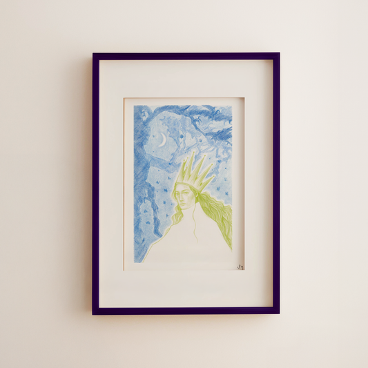 A framed art print featuring a stylized illustration of a woman with a crown in blue and green tones, set within a white mat and a dark purple frame, mounted on a light beige wall.