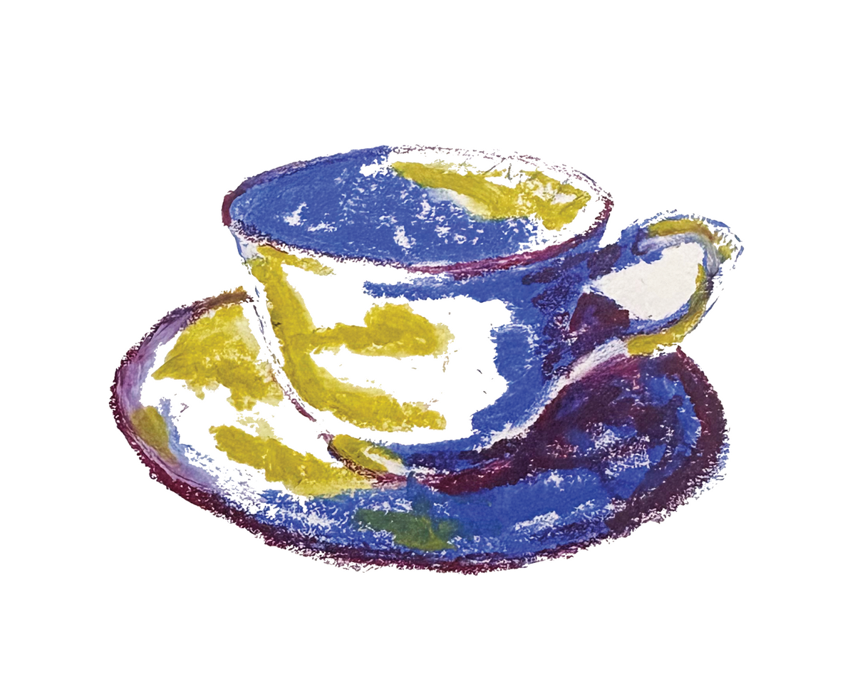 A stylized drawing of a blue and yellow teacup on a matching saucer, rendered in a textured pastel or crayon-like style on a plain white background.