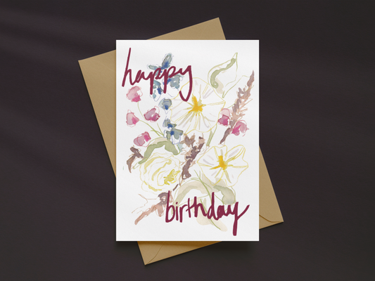 Happy Birthday Greetings Card 02 | Hand Drawn Flower Card | Illustrated Blank Greeting Card